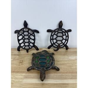 Vintage Cast Iron Turtle Trivets Lot Of 3 Stained Glass 7.5”
